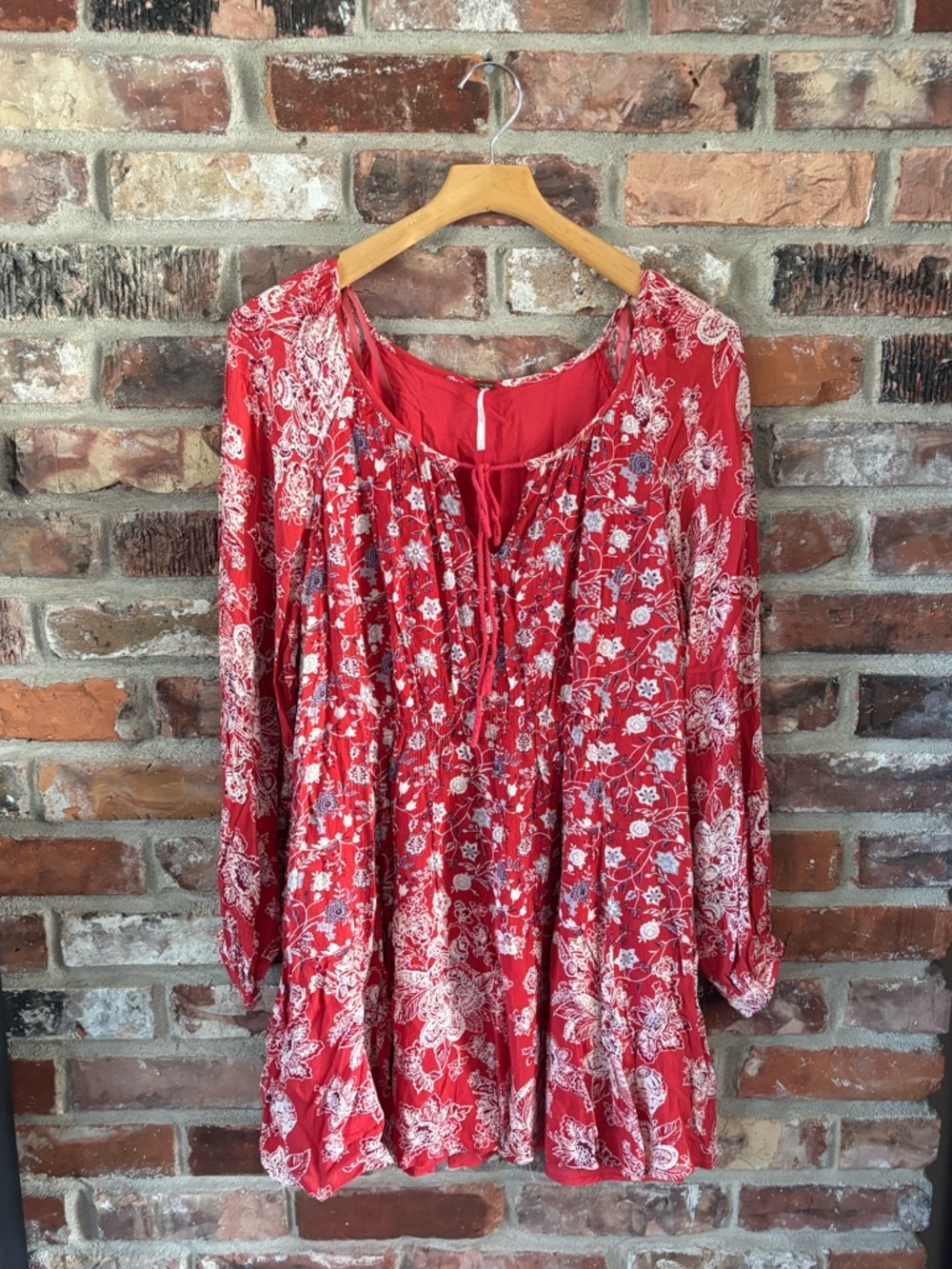 Free People Red Floral Boho Long Sleeve Mini Dress - Picture 2 of 7
